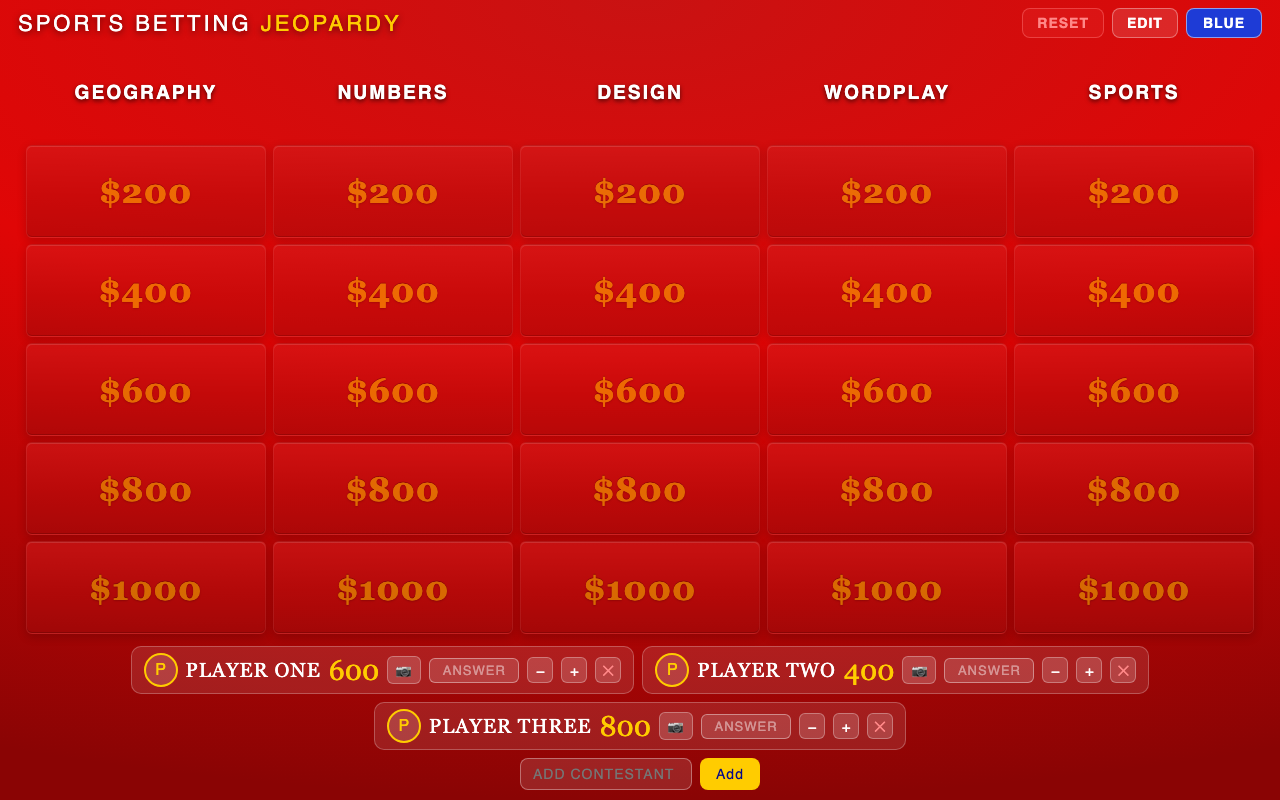 Game Show Suite Jeopardy board and contestant controls with sample players.